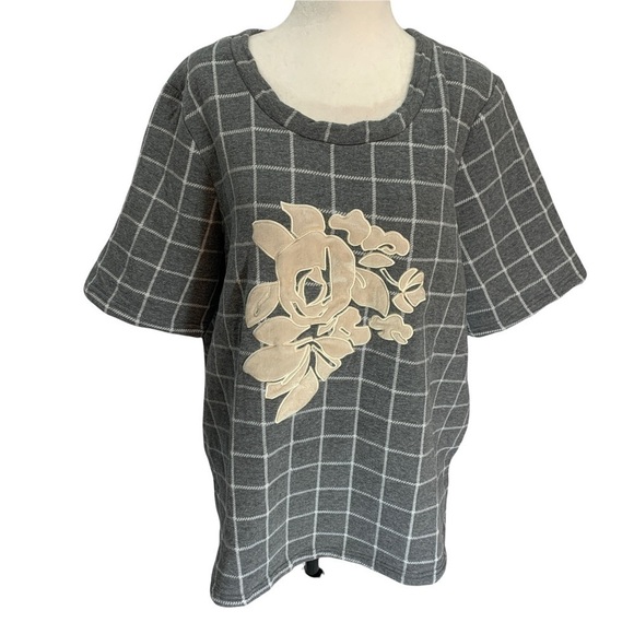 𝅺junarose🖤grey Oversized Windowpane Short Sleeve Sweatshirt Top Size M - Picture 2 of 9